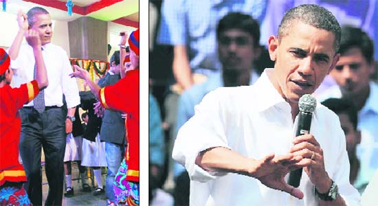 Obama addresses students of St. Xaviers College in Mumbai; and (left) Obama dances with children at Holy Name High School
