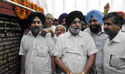 Deputy Chief Minister Sukhbir Singh Badal during the foundation stone laying ceremony of a railway underbridge on the Bathinda-Mansa road on Sunday