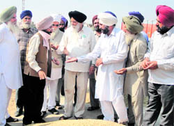 BKU (Rajewal) president Balvir Singh Rajewal talks to farmers at Ropar grain market
