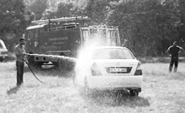 Minutes before the Mohali police was to show the stolen vehicle to mediapersons, a fire engine was pressed into service to wash cars at Government College, Phase VI, in Mohali