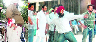 SI Pargat Singh, who was injured in a clash between PUSU members on the PU campus, Chandigarh, on Monday. Tribune photo: S Chandan; and (right) a video grab of the clash