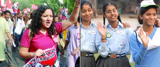 (Left) Left party activists protest against the visit of US President Barack Obama to India and the US policies near Parliament House in New Delhi on Monday. (Right) Ankita Dhukia (10), Apreet Buttar (11) and Manpreet Kaur (14) who met US First Lady Michelle Obama at the National Crafts Museum.