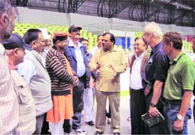 Uttarakhand Sports Minister Khazan Das (in red cap) inspects the ice-skating rink in Dehradun