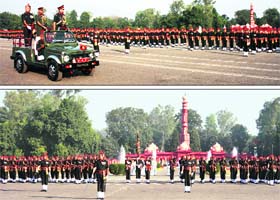 (Top) Lt Gen Vijay Ahluwalia inspects the parade. Lt Gen Gautam Banerjee and Brig DS Ahuja are seen accompanying him; and (bottom) Brig DS Ahuja and all ranks of the parade give a 'general salute' to Lt General Ahluwalia on the 208th Group Day of the Bengal Sappers in Roorkee