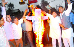 Members of Swadeshi Jagaran Manch burn an effigy of US President Barack Obama in Jalandhar.