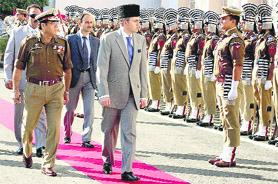 Chief Minister Omar Abdullah inspects the guard of honour at the Civil Secretariat in Jammu on Monday after the reopening of Durbar offices.