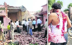Railway officials and police personnel inspect the Satbahini railway station, destroyed by Maoists, in Palamu on Monday; and (right) a member of a bomb disposal squad who was injured while trying to defuse a bomb in Bodhgaya