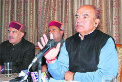 HN Kashyap, convener of the BJP panchayati raj cell, addresses mediapersons in Shimla 
