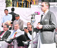 Chief Minister Omar Abdullah addresses a gathering at Kisan Bhawan in Jammu on Tuesday.