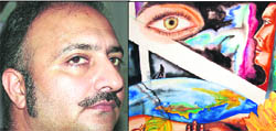 Mehmood Anwar Alnasir and (right) one of his paintings
