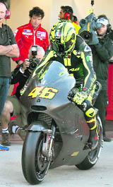 MotoGP rider Valentino Rossi leaves the pits to test his new Ducati at the Ricardo Tormo racetrack near Valencia on Tuesday.
