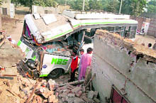 The bus which rammed into a house in Sahib Chand village in Muktsar on Wednesday