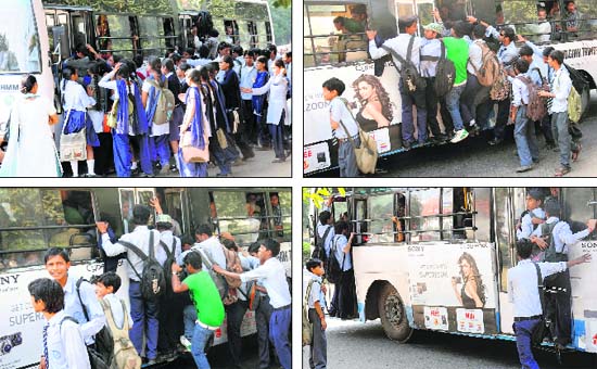 A series of pictures show students boarding a CTU bus with scant regard for their safety
