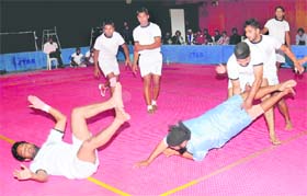 Players in action during the Punjab University Inter-College (NS) Men-B Division Tournament in Chandigarh