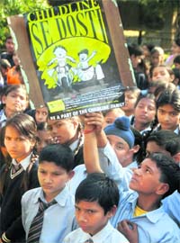 Students participate in a walkathon held as part of the promotion of Childline Se Dosti in Sector 3, Chandigarh
