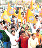 Activists of the RSS hold a protest in Faridabad on Wednesday against the governments alleged conspiracy to link the group with a terror outfit and 
