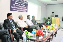 Speakers deliver a lecture on the Digital Database Information of Socio-Economic and Natural Resources of old Jammu district in Jammu on Wednesday.
