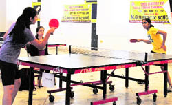 Players in action during the CBSE Cluster Table Tennis Tournament in Ludhiana on Wednesday