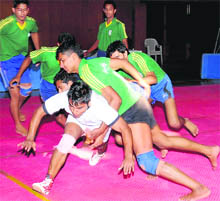 Players in action during the Panjab University Inter-College Kabaddi A-Division Tournament on Thursday in Chandigarh