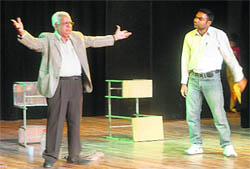 Artistes stage the play Ek Mamuli Aadmi in Chandigarh on Thursday