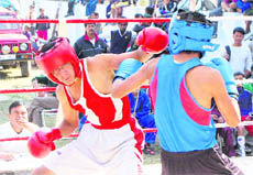 A bout in progress at the 10th State-Level Boxing Championship in Dehradun on Thursday.