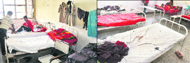 A convict having earlier been freed is tied by a constable; and (right) blood-stained bedsheets in the female ward 