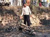 The motorcycle of Joginder Singh that was charred after it caught fire near Mohammad Peeran village of Fazilka sub-division on Thursday.
