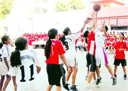 The final in the girls category at the District Under-15 Basketball Championship in Dehradun on Friday