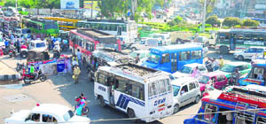 A view of a traffic jam at Bikram Chowk in Jammu.