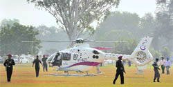 Deputy CM Sukhbir Badals chopper lands on the PAU football ground, Ludhiana, on Friday.