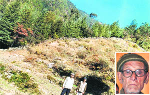 A forest (above) developed by Narain Singh Negi (left) on panchayat land in the Tharali block of Chamoli district.