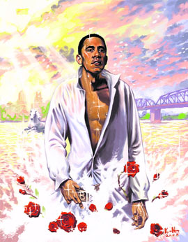 Lukas Ketner has painted the President as a sweaty hero running through a meadow of red roses inside Portlands Willamette river.