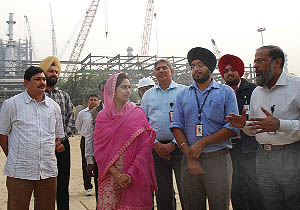 Harsimrat Badal interacts with officials on her visit to the Bathinda refinery on Sunday. 