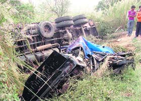 A view of the accident site in which a truck toppled over an autorickshaw near Rewari