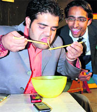 A scene from a play,Intzaar presented at the Natrang Studio Theatre in Jammu on Sunday