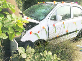 The car that met with an accident near Ranwan village on the Chandigarh-Ludhiana road on Sunday.