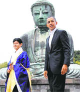 US President Barack Obama visits the Great Buddha of Kamakura on Sunday. On his second visit to the statue in Japan, Obama noted, I was only six (the last time I visited the sacred site).