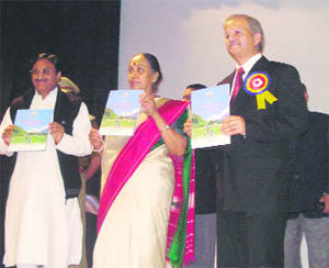 Governor Margaret Alva and CM Ramesh Pokhriyal Nishank at a function in Dehradun on Tuesday. 