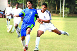 Players in action during the BN Mullick Memorial All-India Police Football Championship in Jalandhar.
