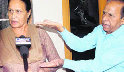 Ram Krishan Fulia and his wife talking to mediapersons in Mohali on Wednesday.