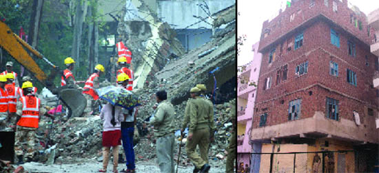 Victims look for their belongings at the site of the collapse at Laxmi Nagar in New Delhi. (Right) A building in the area owned by Amrit Singh was sealed by the MCD