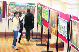 Art lovers have a look at the paintings in an exhibition, organised by the Language and Culture Department, Himachal Pradesh, at Gaiety Theatre in Shimla on Wednesday.