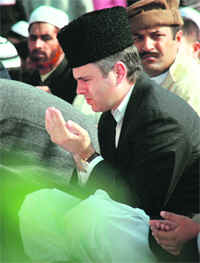 Chief Minister Omar Abdullah offers namaz on the occasion of Eid in Jammu on Wednesday.