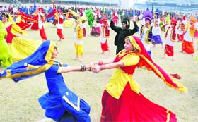Young dancers perform during the closing ceremony of the Punjab State Rural Games in Ludhiana