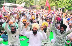 FCI workers stage a protest in support of their demands in Ludhiana