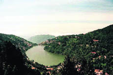An aerial view of the Nainital Lake and the town.