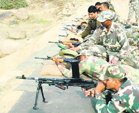 CRPF jawans at a training session at the base camp on the outskirts of Srinagar on Thursday.
