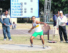 BSF athletes in action during the Inter-Frontier Athletics Meet at Paloura Stadium in Jammu on Thursday.