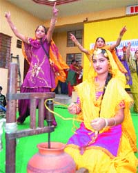 Students of INDO German Sr Sec School perform giddha during the annual prize distribution function in Jalandhar