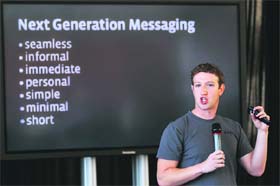 Facebook CEO Mark Zuckerberg unveils a new messaging system during a news conference in San Francisco, California